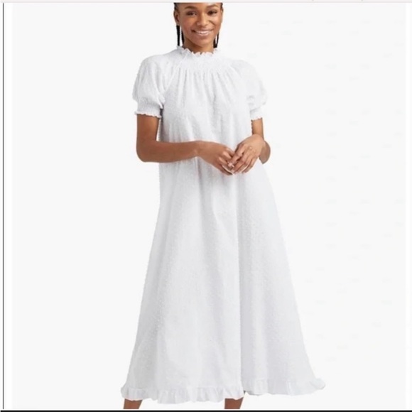 NWOT Hill House The Caroline Nap Dress White Swiss Dot Puff Short Sleeve Midi - Picture 3 of 11